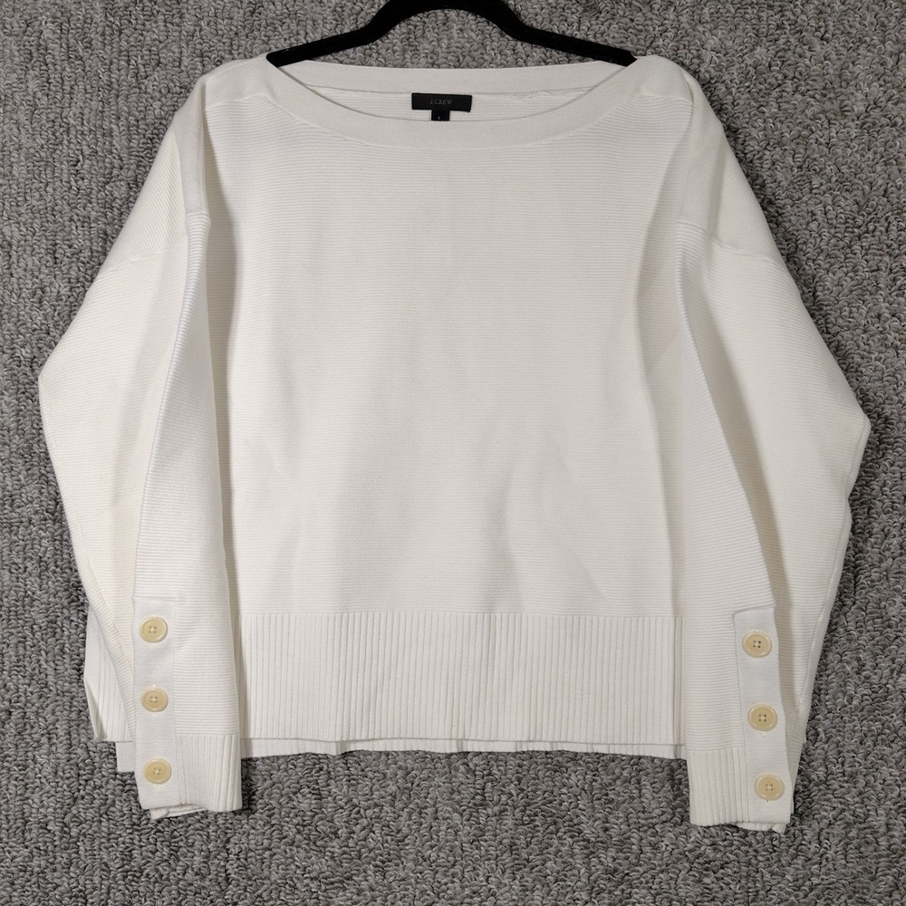 J.Crew Sweater Ivory Boatneck Button Side Knit Preppy Womens Large Old Money